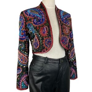Adrianna Papell Paisley Beaded Sequined Bolero Cropped Jacket Sz S